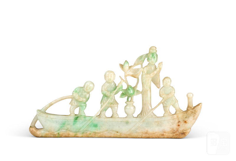 清十九世紀 翠玉童子泛舟擺件  CHINA, QING DYNASTY, 19TH CENTURY - 图2